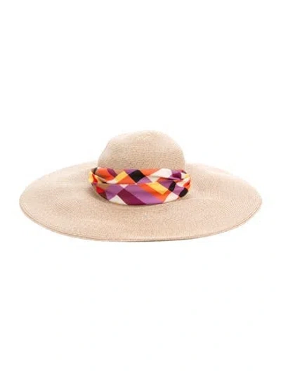 Pre-owned Eugenia Kim Beige Wide Brim Hat With Red Pattern Printed Silk Felt Sash Tie W/tags In Neutral