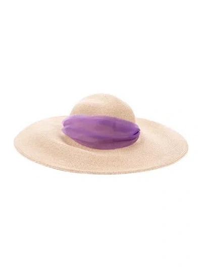 Pre-owned Eugenia Kim Beige Wide Brim With Purple Printed Silk Felt Sash Tie  W/tags W/tags In Neutral