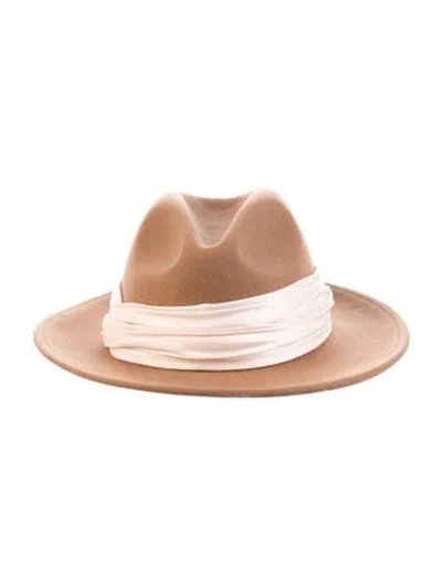 Pre-owned Eugenia Kim Brown Wool Felt Fedora Hat With Tan Silk Felt Sash W/tags