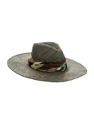 Pre-owned Eugenia Kim Fedora Crafted From Lacquered Fine Raffi With Multicolor Brushprint Ruched Band W/tags In Green