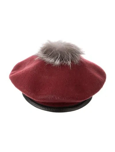 Pre-owned Eugenia Kim Fox Fur Accent Wool Beret Hat In Black/burgundy/grey