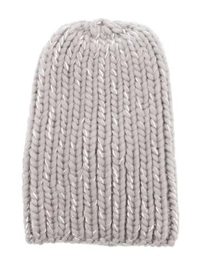 Pre-owned Eugenia Kim Grey Chunky Ribbed Knitted Beanie Featuring Silver Metallic Thread Woven Throughout. In Gray