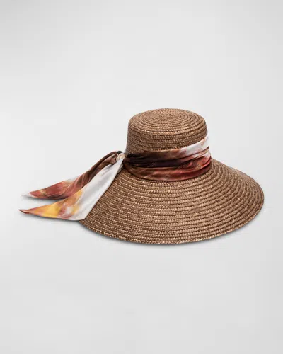 Eugenia Kim Mirabel Straw Large-brim Hat With Patterned Scarf In Brown