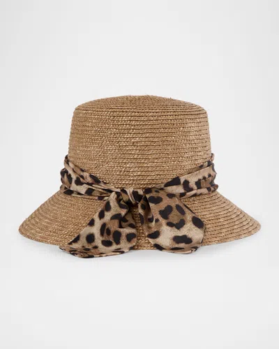 Eugenia Kim Ramona Straw Bucket Hat With Leopard-print Bow In Brown