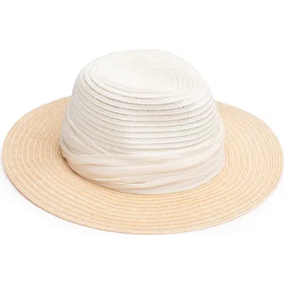 Eugenia Kim Ruched Tulle Wide Brim Packable Straw Fedora In Ivory/ Natural