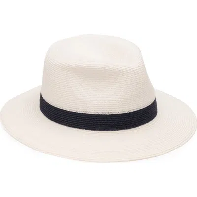 Eugenia Kim Stripe Wide Brim Packable Straw Fedora In Ivory/ Navy