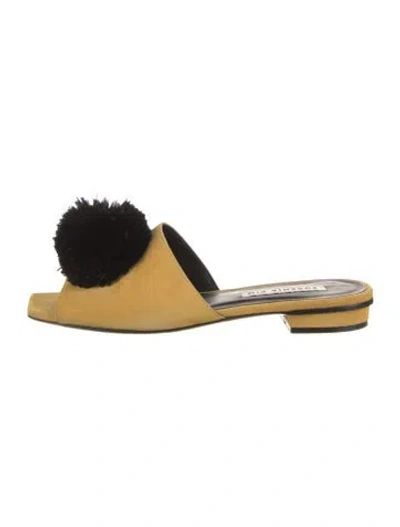Pre-owned Eugenia Kim Suede Pom-pom Embellishments Slides In Yellow