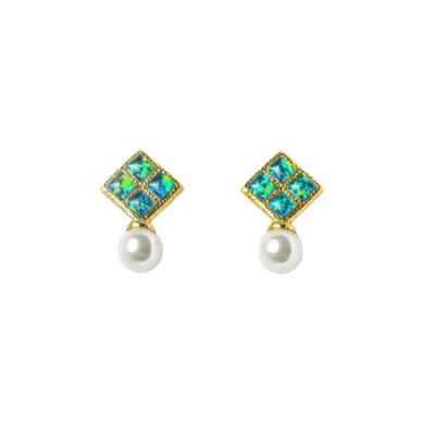 Eunoia Jewels Women's Gold / Green / Blue Mosaic Earrings, Opal And Pearl Statement Earrings In Gray