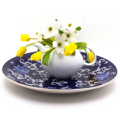 Euro Ceramica Blue Garden Lotus X-large Decorative Accent Platter With Stand In Blue;white
