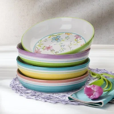 Euro Ceramica Charlotte Pasta Bowl Set In White;green;pink