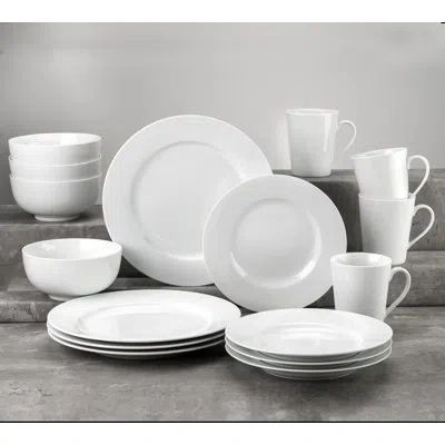 Euro Ceramica Claire Classic Rim 16pcs Dinnerware Set ( Dinner Plate / Salad Plate / Cereal Bowl / Mug , Service F In Pure White