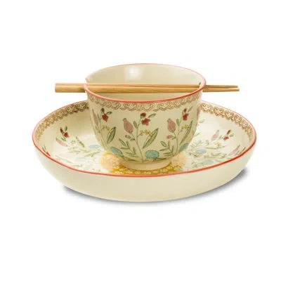 Euro Ceramica Ella 4 Piece Ramen Bowl And Dinner Bowl In Red (service For 2) In Green;red;beige;yellow