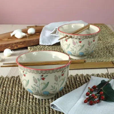 Euro Ceramica Ella Ramen Bowls Set With Chopsticks |red | Service For 2 In Blue;white;green;pink