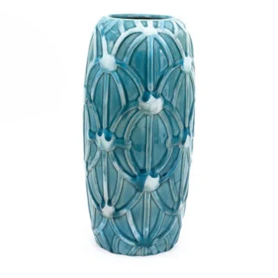 Euro Ceramica Grotto Rope Emboss Column Vase In Aqua