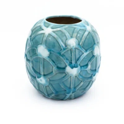 Euro Ceramica Grotto Rope Emboss Round Vase In Aqua;turquoise