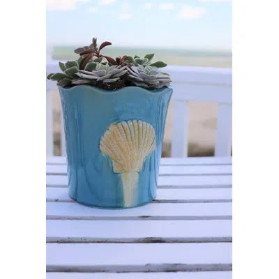 Euro Ceramica Grotto Seashell Scalloped Planter In Blue
