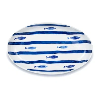 Euro Ceramica Mediterranean Sea Fish 15'' Oval Serving Bowl In Blue;white