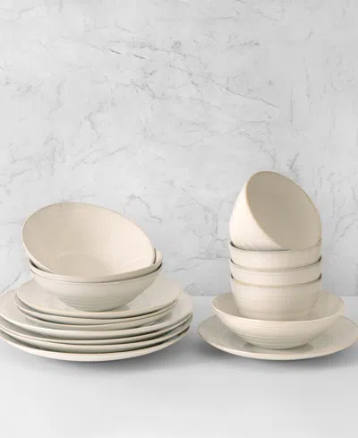 Euro Ceramica Neree 16 Piece Double Bowl Stoneware Reactive Glaze Dinnerware Set, Service For 4 In Ivory