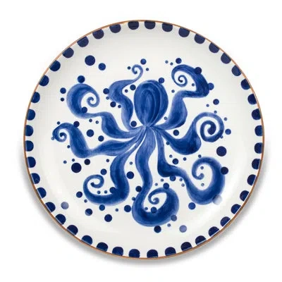 Euro Ceramica Octopus 15" Round Serving Platter In Blue;white