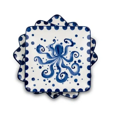 Euro Ceramica Octopus 4 Piece Canape Plates Set In Blue;white
