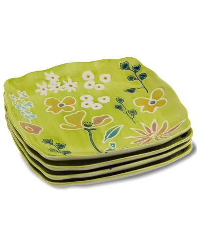 Euro Ceramica Primavera 4pc Hand Painted Canape Plates Set In Green