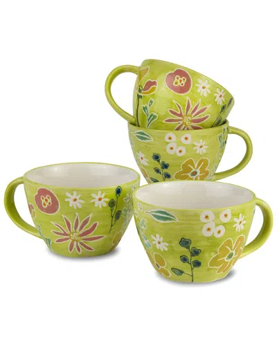 Euro Ceramica Primavera 4pc Hand Painted Latte Mugs Set In Green