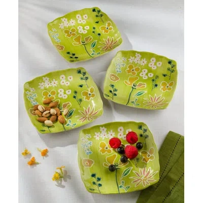 Euro Ceramica Primavera Handpainted Stoneware Canape Plates Set, Set Of 4 In Green