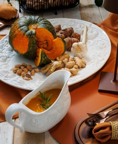 Euro Ceramica Pumpkin Leaf Turkey Platter And Gravy Boat Set, Embossed Pumpkin Fall Harvest In White
