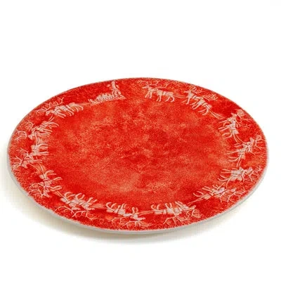 Euro Ceramica Reindeer Cheer 14.1 Round Platter, Red With White Reindeer Christmas Design, Made In Italy