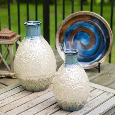 Euro Ceramica Seaborne Reactive Glaze Decorative Vase In Beige;teal