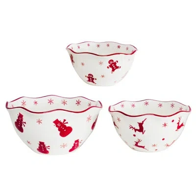 Euro Ceramica Winterfest 3 Piece Candy Bowl Set In White;red