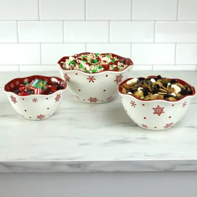 Euro Ceramica Winterfest 3 Piece Nesting Bowl Set - Snow Flake In White;red