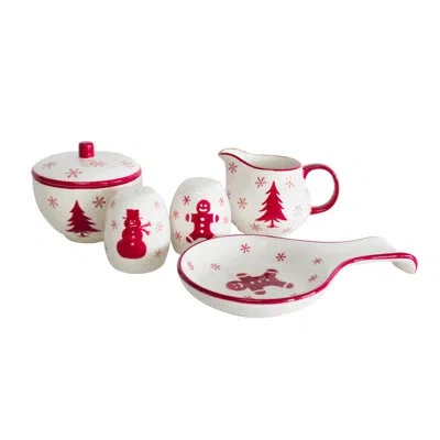 Euro Ceramica Winterfest 5 Piece Accessory Set| Sugar And Creamer , Salt And Pepper Shakers , Spoon Rest In White;red