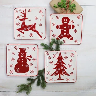 Euro Ceramica Winterfest 8-inch Salad Plates | Dessert Plates Set Of 4pcs In Red,white