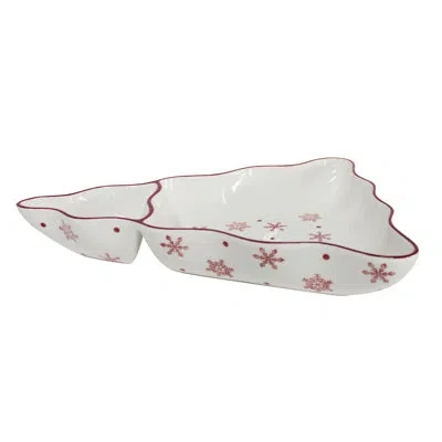 Euro Ceramica Winterfest Chip And Dip Tree Platter In White;red