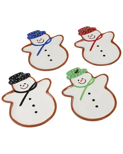 Euro Ceramica Winterfest Snowman 4pc Plate Set In Red