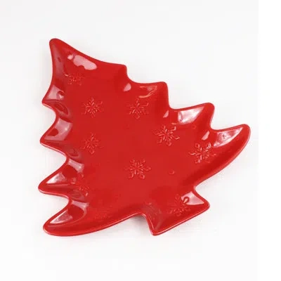 Euro Ceramica Winterfest Tree Platter In Red