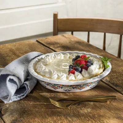 Euro Ceramica Zanzibar Stoneware Pie Plate In Blue;white;red