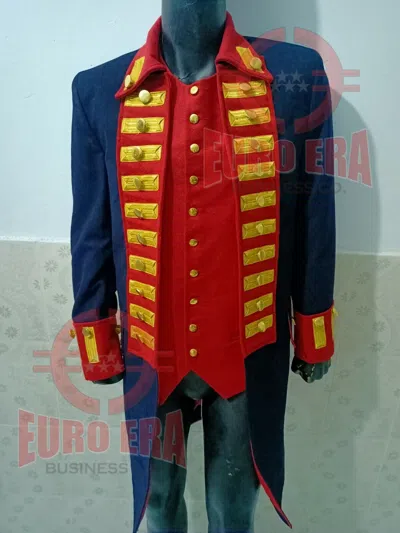 Pre-owned Euro Era Revolutionary War American Military Officer Frock Coat With Waistcoat Repro In Blue