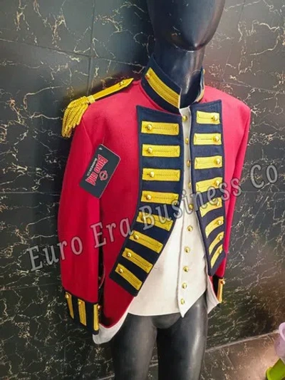 Pre-owned Euro Napoleonic 17th Century Foot Officer Fusiliers Frock Coat & Vest & Epaulette In Red, Blue & White