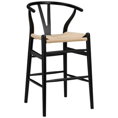 Euro Style Evelina 26" Black Wood Counter Stool With Natural Rush Seat