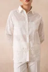 European Linen Collection Embroidered Cotton Shirt With Lace Hem In White