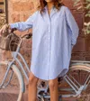 European Linen Collection Striped Cotton Shirt Dress In Sky Blue