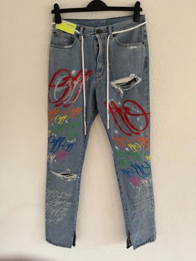 Pre-owned Ev Bravado X Off White Rainbow Crystal Graffiti Jeans In Blue