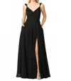 Eva Adrianna Ruffle Sleeve Chiffon Dress With Front Slit In Black