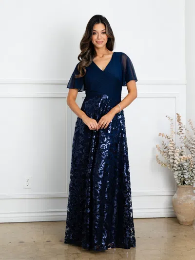 Eva Fashion 3519 Mother Of The Bride Long Sequin Lace Formal Dress In Blue