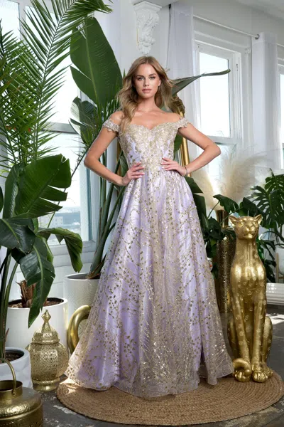 Eva Fashion 5245 Prom Long Off Shoulder Glitter Ball Gown In Multi