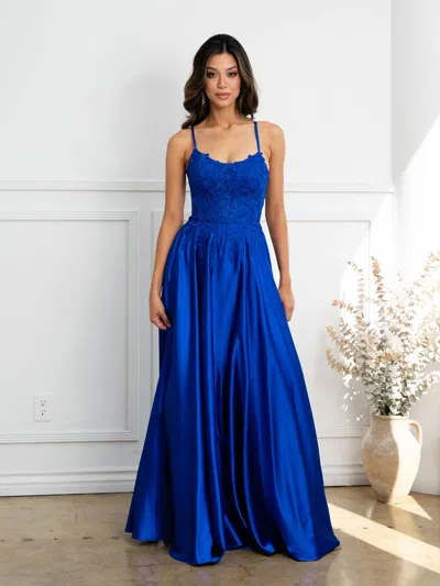 Eva Fashion 5289 A Line Long Formal Lace Applique Corset Prom Dress In Blue