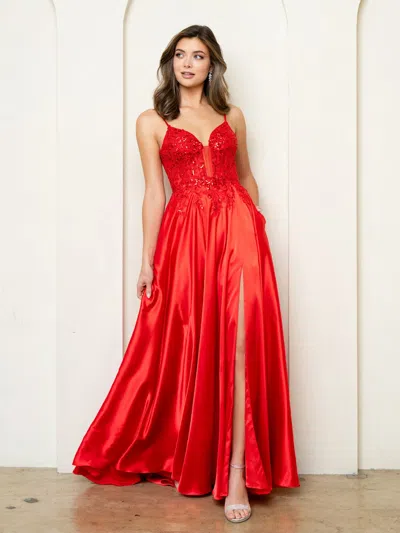 Eva Fashion 5294 A Line Long Formal Lace Sequin Prom Dress In Red