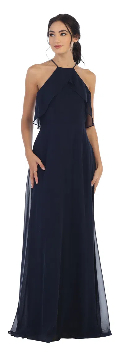 Eva Fashion Long Bridesmaids Ruffle Halter Chiffon Dress In Blue